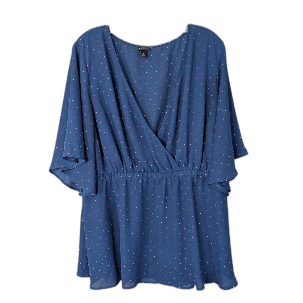 Torrid Women's Plus Size 1/1X Faux Wrap Top V Neck Blue Pink Dots Flutter Sleeve